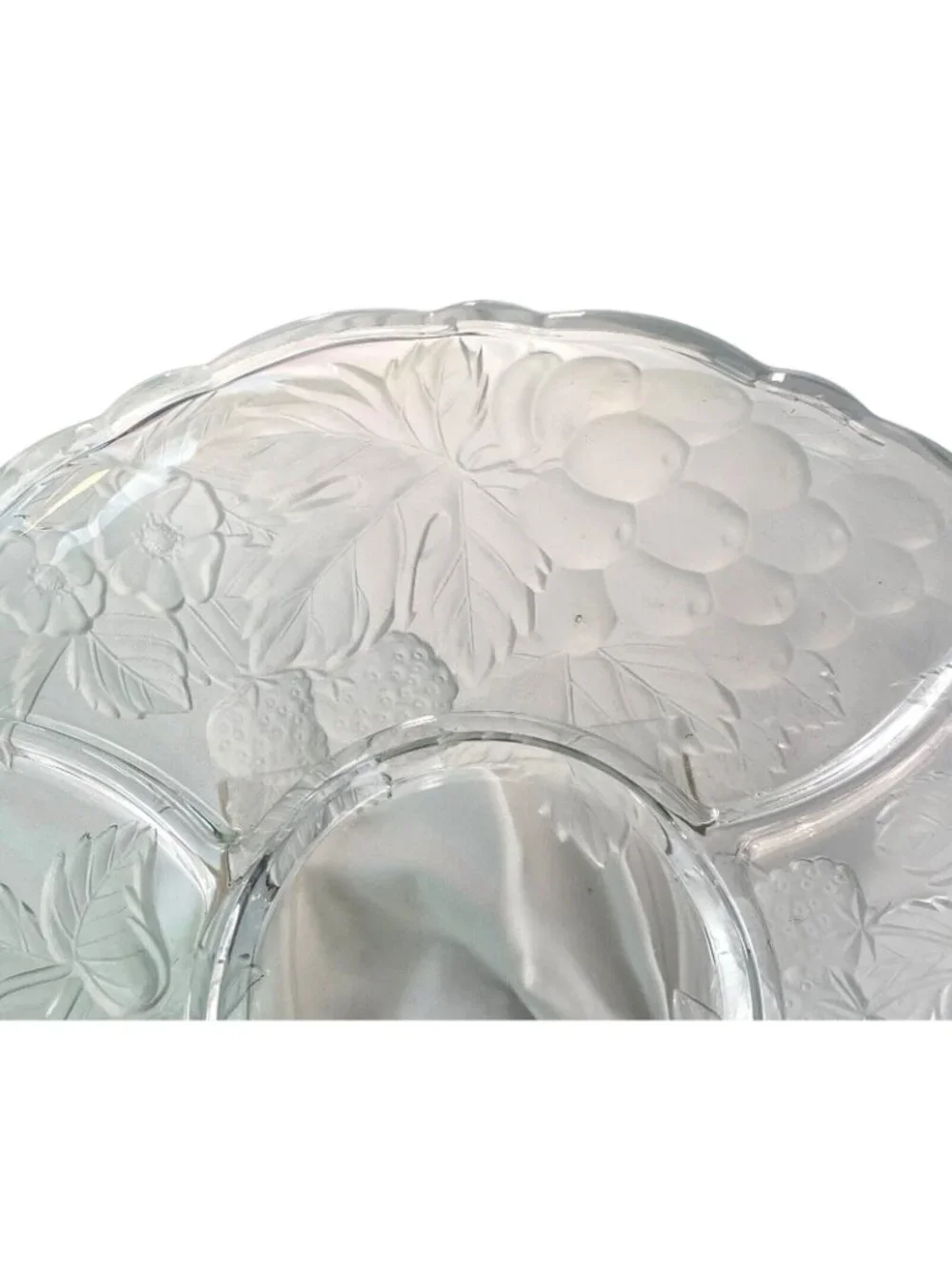 Glass Serving Platter With Raised Fruit & Leaf Design Scalloped Edges 14